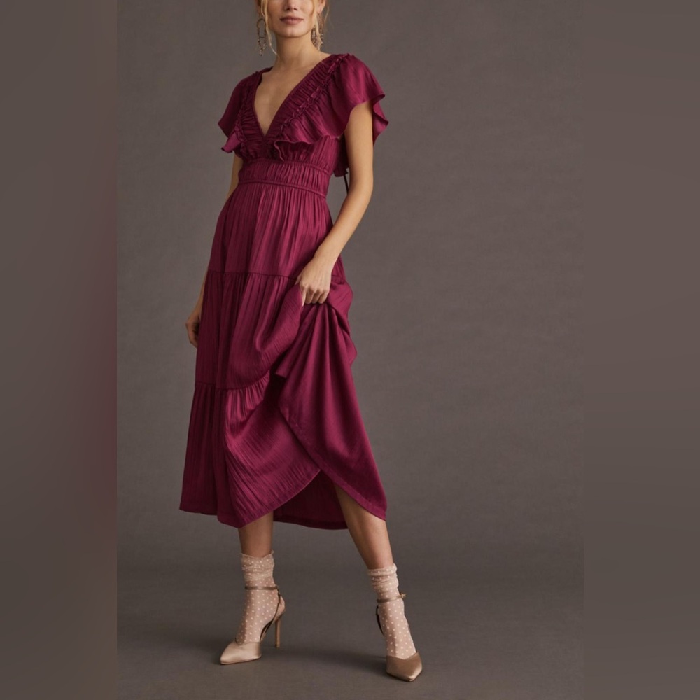 Raspberry Ruffled Tiered Midi Dress